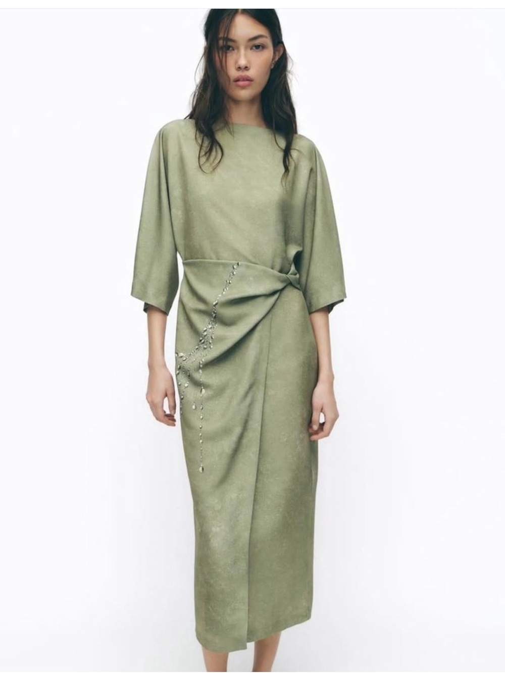 Zara Sage Green Draped Midi Dress with Embellished Waist